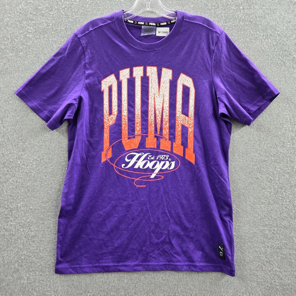 Puma Men Shirt Medium Purple Logo Hoops Graphic Short Sleeve Crew Neck Tee